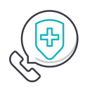 An icon depicting a phone receiver inside a speech bubble, which also contains a shield with a medical cross, symbolizing veterinary support or medical assistance via phone.