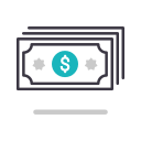 An icon of a stack of money bills with a turquoise circle and a dollar sign in the center, reminiscent of a payment symbol at your local veterinarian. The bills are outlined in black and feature grey details, with a faint grey shadow below the stack.