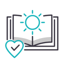 An icon depicting an open book with a sun emerging from its pages, symbolizing growth and enlightenment. A heart with a checkmark inside it is placed on the lower-left corner of the book, reminiscent of care found in a veterinarian's clinic. The image is outlined in black with accents of light blue.