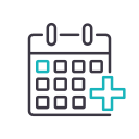 An icon depicting a calendar with a grid of days. One day is highlighted in blue, and a blue plus sign is positioned on the bottom right corner of the calendar, suggesting adding an event or appointment, possibly for a visit to the vet.