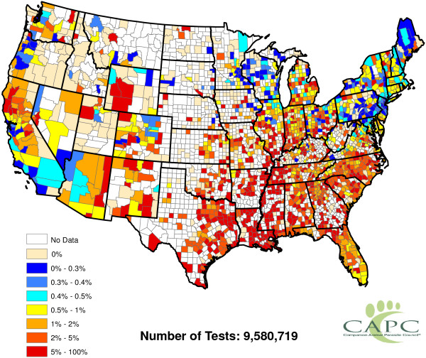 A map of the United States shows the percentage of tests for a specific condition by county. Counties are color-coded: white (no data), shades of yellow (0-0.4%), orange (0.4-1%), and red (1-100%). Southern and eastern states show higher percentages. Veterinary data reveals a total of 9,580,719 tests. The CAPC logo is