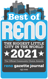 A promotional graphic for the "Best of Reno 2021" awards by the Reno Gazette Journal, featuring the text "Best of Reno: The Biggest Little City in the World". With silhouettes of city buildings as the backdrop, and highlighting top local businesses including veterinarians, it proudly displays RGJ's logo at the bottom.