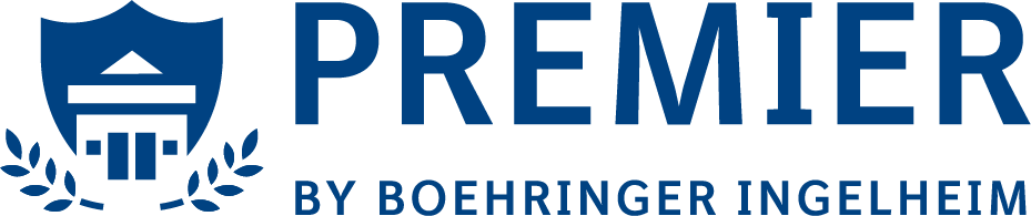     Logo for Premier by Boehringer Ingelheim. The text "PREMIER" is in large blue font, with "BY BOEHRINGER INGELHEIM" in smaller font below. To the left is a blue shield with an abstract design, including a triangle, horizontal line, and vertical bars, flanked by laurel branches. Ideal for veterinarians.