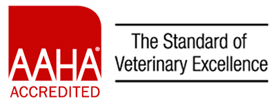 A logo featuring the American Animal Hospital Association (AAHA) emblem in white text on a red background, followed by black text spelling "American Animal Hospital Association" to the right, highlights its dedication to veterinarian excellence.