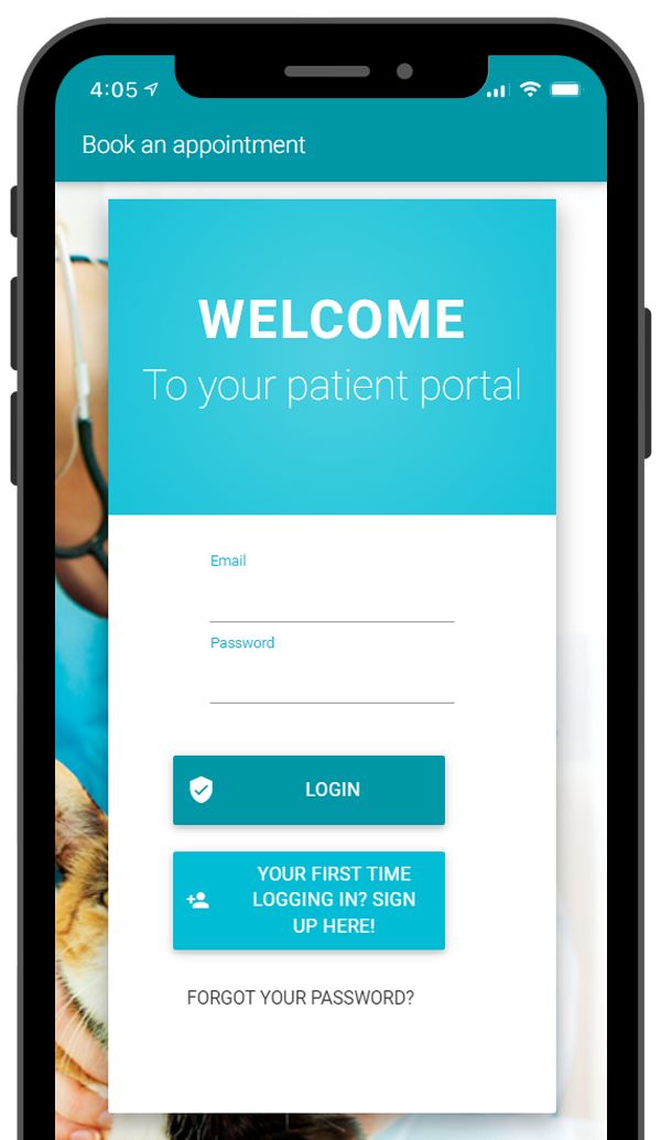 A smartphone displays a patient portal login screen with fields for email and password, tailored for a veterinarian's office. Below the fields are buttons for "Login" and "Sign Up" for first-time users, as well as a "Forgot Your Password?" link. The screen has a soothing blue and white color scheme.