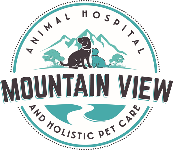 Circular logo for Mountain View Animal Hospital and Holistic Pet Care. Features a silhouette of a dog and cat against a mountainous backdrop with trees, in teal and white colors. Text encircles the image, with a winding road at the bottom. Ideal for highlighting top-tier veterinarian services.