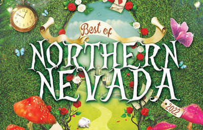 Colorful illustration featuring "Best of Northern Nevada 2022" in bold text. The background includes a whimsical garden with oversized mushrooms, flowers, butterflies, a vintage pocket watch, and a castle path, evoking a fairy-tale theme that feels almost as magical as finding the perfect veterinarian.