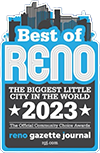 A badge with blue and white colors stating "Best of Reno" at the top, "The Biggest Little City in the World 2023" in the center, and "The Official Community Choice Awards" by Reno Gazette Journal at the bottom, along with the RGJ.com web address. Ideal for a top vet.