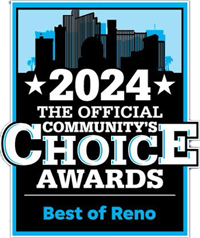 A poster for the 2024 Official Community's Choice Awards reads "Best of Reno" against a city skyline backdrop. The text is in white and blue with stars on either side of the year "2024," all framed by a blue border, celebrating top local businesses including your favorite vet.