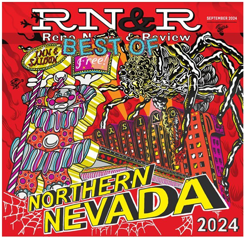 A vibrant magazine cover titled "RN&R Retro News & Review", featuring a colorful collage including a casino, a circus clown, a spider, and the text "BEST OF NORTHERN NEVADA 2024". The issue date is September 2024. The word "Free!" is highlighted in pink.