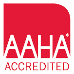 Red and white logo featuring the text "AAHA ACCREDITED" with a bold red block and rounded top right corner above the text.