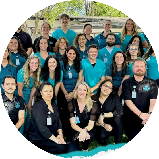 A group of smiling healthcare professionals pose outdoors. Most wear teal scrubs, while a few in front wear black. They stand and kneel together on grass with trees and a building in the background.