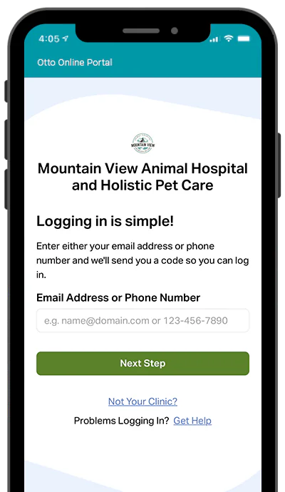 A smartphone screen displays a login page for Mountain View Animal Hospital and Holistic Pet Care, prompting users to enter their email or phone number to receive a login code.