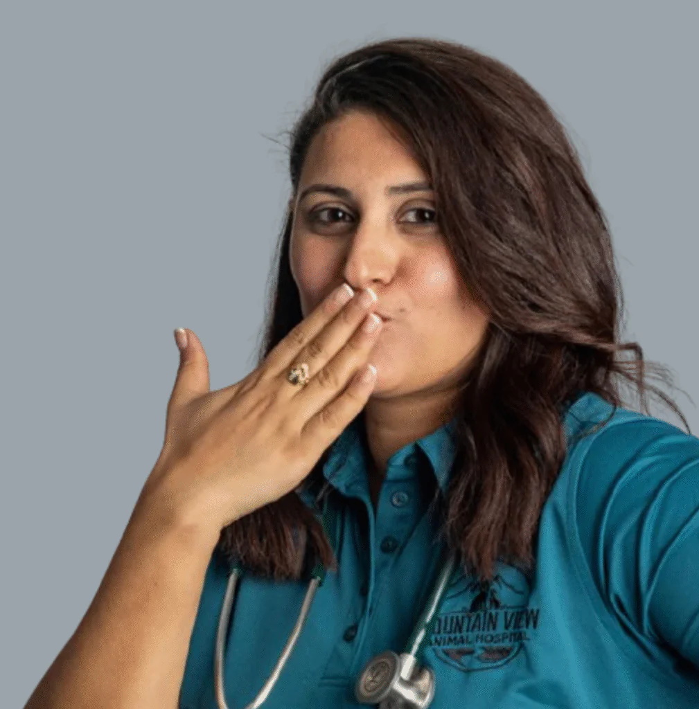 A woman wearing a teal Mountain View Animal Hospital shirt and a stethoscope blows a kiss toward the camera against a plain gray background.