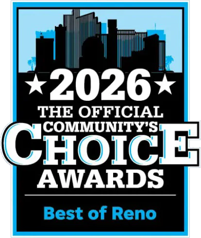 A graphic with a city skyline and text that reads "2026 The Official Community’s Choice Awards, Best of Reno" in bold white and blue letters.