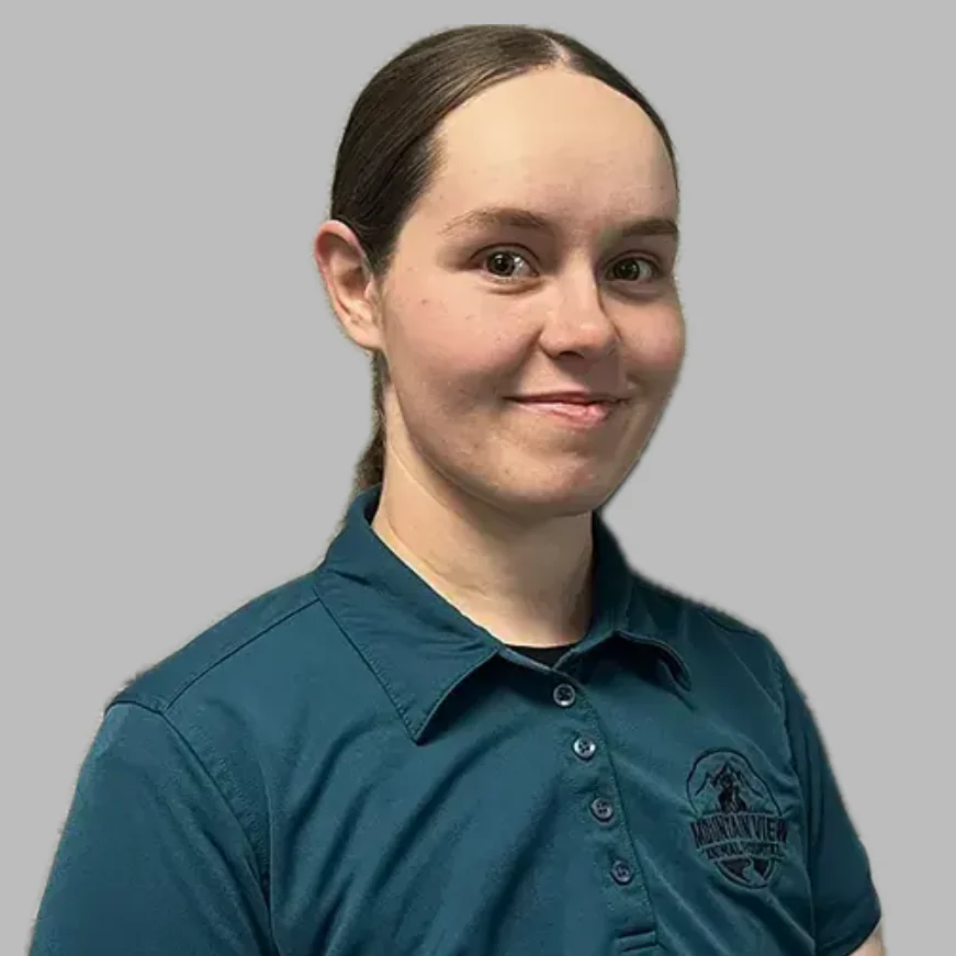 Morgan Warnock, Mountain View Animal Hospital team member, wearing a teal polo against a gray background.