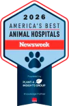 A badge-shaped logo reads "2026 America's Best Animal Hospitals, Newsweek," with a paw print graphic and "Powered by Plant-A Insights Group" at the bottom.