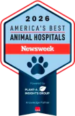A badge-shaped logo reads "2026 America's Best Animal Hospitals, Newsweek," with a paw print graphic and "Powered by Plant-A Insights Group" at the bottom.