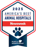 A badge that reads "2025 America's Best Animal Hospitals, Newsweek" with a blue paw print and the logo for Plant Insights Group at the bottom.