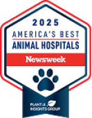A badge that reads "2025 America's Best Animal Hospitals, Newsweek" with a blue paw print and the logo for Plant Insights Group at the bottom.