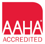 Red and white logo featuring the text "AAHA ACCREDITED" with a bold red block and rounded top right corner above the text.