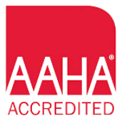 Red and white logo featuring the text "AAHA ACCREDITED" with a bold red block and rounded top right corner above the text.