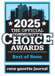 2025 Official Community’s Choice Awards badge for Best of Reno from the Reno Gazette Journal, with a city skyline in the background and text in bold white and blue.