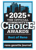 2025 Official Community’s Choice Awards badge for Best of Reno from the Reno Gazette Journal, with a city skyline in the background and text in bold white and blue.