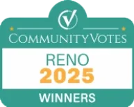 A green and white badge with the text "CommunityVotes Reno 2025 Winners" in white, teal, and orange, featuring a check mark inside a circle at the top.